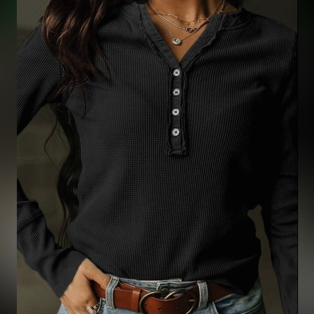 Waffle knit, long sleeve, tee shirt, black